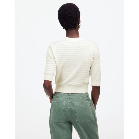 Madewell Textural-Stitch Cotton Sweater Womens M Cream Ribbed Trim Short Sleeve - Picture 2 of 8